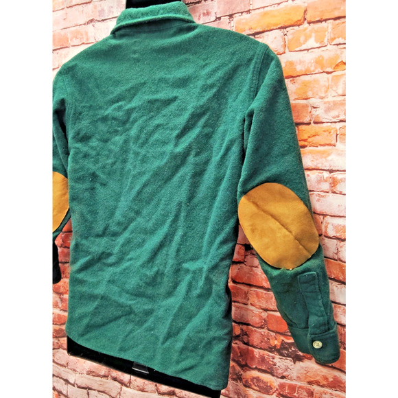 Woolrich Button Up Shirt Men's Green Wool Long Sleeve Elbow PSmalatches Collared - Picture 15 of 15